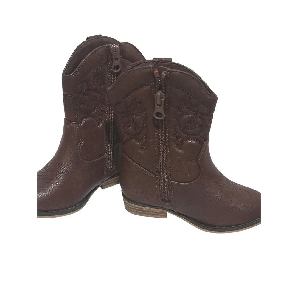 Cat & Jack Toddler Brown Faux Leather Western Cowboy Boots Sz 8 Side Zip boho